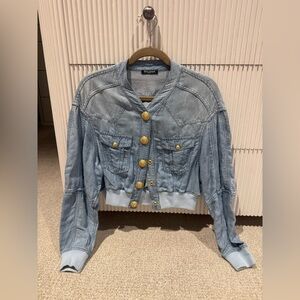 Balmain chambray cropped denim bomber jacket
